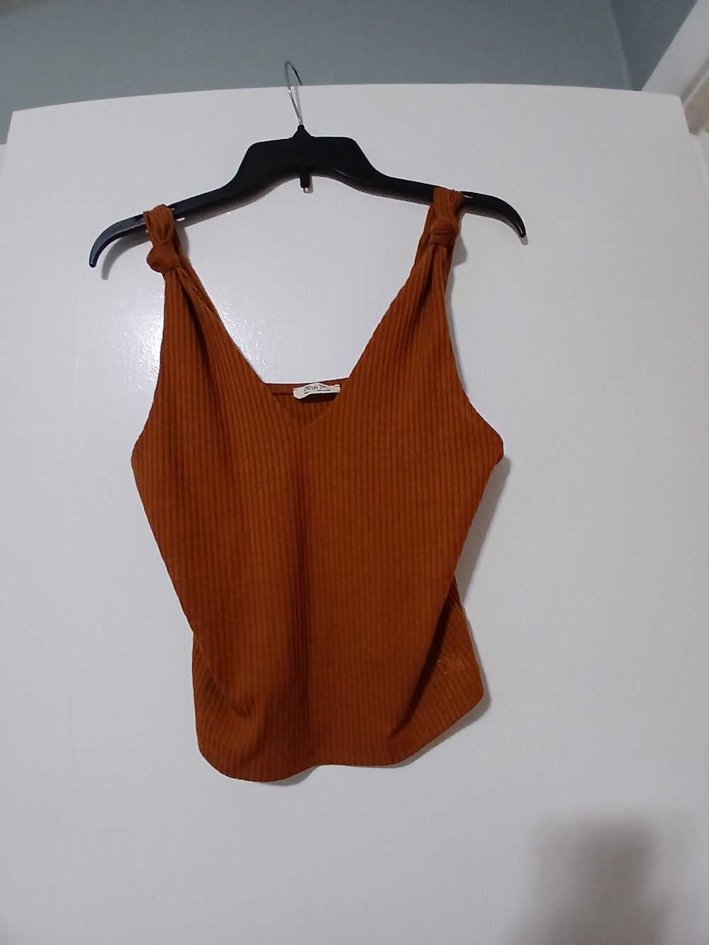 Miss Me Ribbed Knot-Shoulder Tank Top - Rust Orange